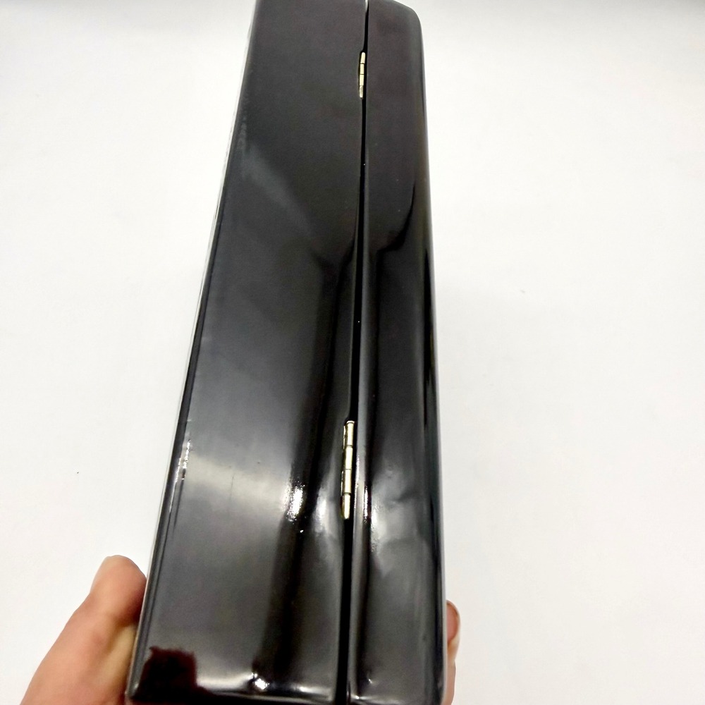 Vintage Asian Black Lacquer Jewelry Box Hand Painted Red Velvet Mirror 7.5" - Picture 7 of 13